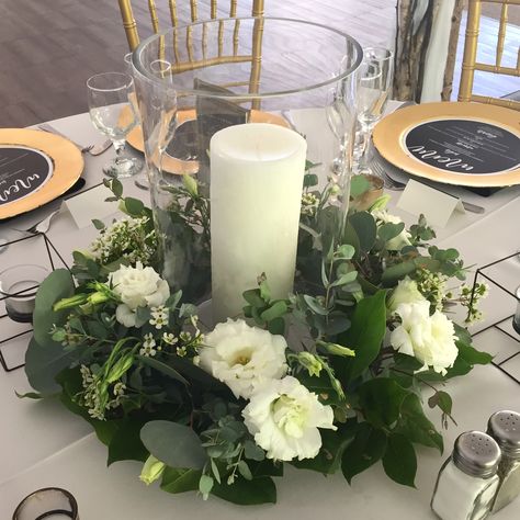 Greenery wreath centerpiece. #lowcenterpiece #garland #greenery #candle #wedding Wedding Centerpieces Ideas, Cheap Wedding Table Centerpieces, Centerpiece Wreath, Wreath Centerpiece, Centerpieces Ideas, Simple Wedding Centerpieces, Low Centerpieces, Flower Centerpiece, Candle Wreaths