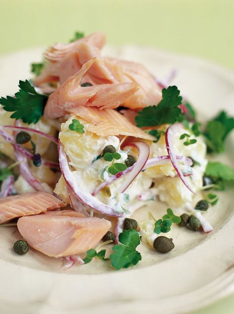 smoked trout & jersey royal salad | Jamie Oliver | Food | Jamie Oliver (UK) Trout Salad, Smoked Trout Recipe, Smoked Fish Recipe, Smoked Trout Salad, Fancy Salads, Trout Recipes, Smoked Trout, Seasonal Cooking, Fresh Salad Recipes