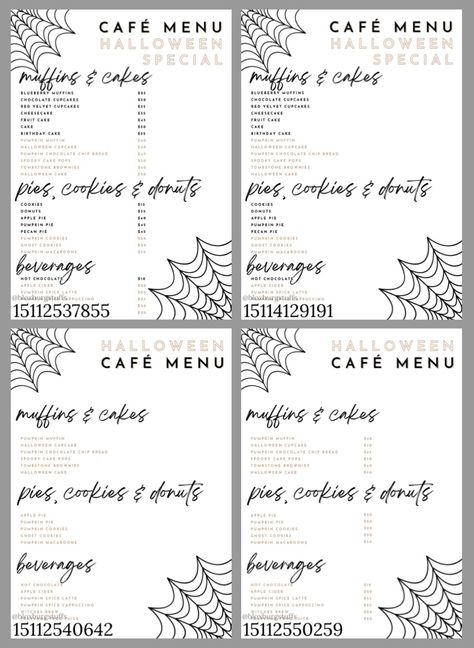 Bloxburg Halloween Menu Codes, Bloxburg Halloween Cafe Menu Codes, Autumn Cafe Bloxburg, Bloxburg Fall Food Decals, Halloween Menu Decals Bloxburg, Fall Cafe Bloxburg Decal, Bloxburg Halloween Cafe Decals, Bloxburg Recipe Decals, Bloxburg Fall Cafe Decals