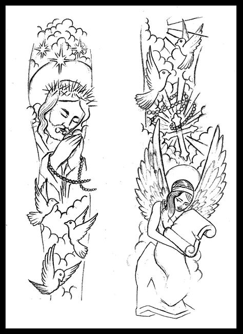 Religious Tattoo Sleeves, Half Sleeve Tattoos Sketches, Half Sleeve Tattoo Stencils, Half Sleeve Tattoos Drawings, Tattoo Outline Drawing, Tattoo Zeichnungen, Forearm Sleeve Tattoos, Tattoo Templates, Religious Tattoos