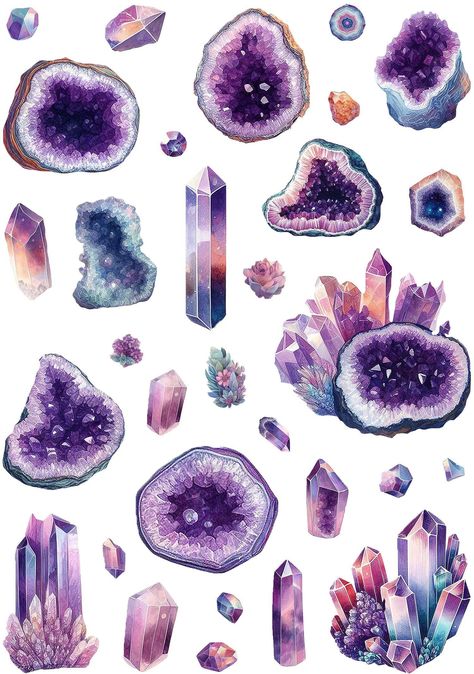 🌟 Explore the Mystical World with Amethyst Crystal Stickers! 🌟 Unlock the enchanting power of amethyst with our Amethyst Crystal Sticker Pack. Dive into the ethereal realm of spirituality and healing with these captivating watercolor painted glossy stickers that capture the essence of this cherished gemstone. 💜 The Essence of Amethyst: Amethyst, the stone of tranquility and intuition, is believed to hold a deep connection to the spiritual world. Its calming energy and vibrant purple hues have been cherished for centuries. Now, you can harness its mystical properties in a whole new way with our crystal stickers. ✨ How to Embrace Amethyst's Magic: Chakra Balancing: Place an amethyst sticker on your forehead during meditation to activate your third eye chakra. Feel the calming energy as it Amethyst Watercolor, Crystals Drawing, Spiritual Stickers, Magical Stickers, Ethereal Realm, Magic Watercolor, Purple Stickers, Crystal Illustration, Crystals Art