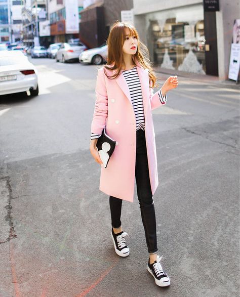 Bongjashop - Peaked-Lapel Double-Breasted Coat #coat #doublebreastedcoat #peakedlapelcoat Pink Coat Outfit, Mode Pastel, Cooler Style, Japan Outfit, Instyle Magazine, Pink Coat, Winter Outfits For Work, Coat Outfits, Rilakkuma