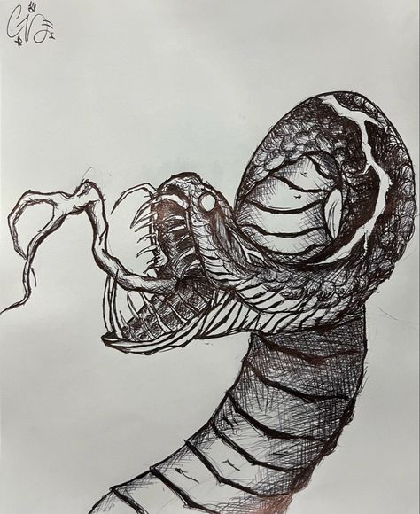 Snake Striking Drawing, Evil Things To Draw, Gothic Snake Drawing, Evil Snake Drawing, Creepy Snake Drawing, Fear Of Snakes Drawing, Creature Sketch Monsters, Dragon Snake Drawing, Snake Drawing On Hand