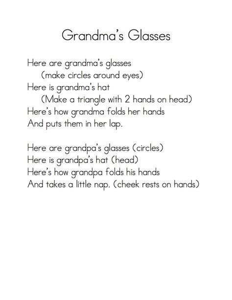 Grandma's glasses Preschool Fingerplays, Kindergarten Poems, Preschool Family, Grandparents Day Crafts, Hand On Head, Infant Lesson Plans, Morning Basket, New Vocabulary, Kindergarten Songs