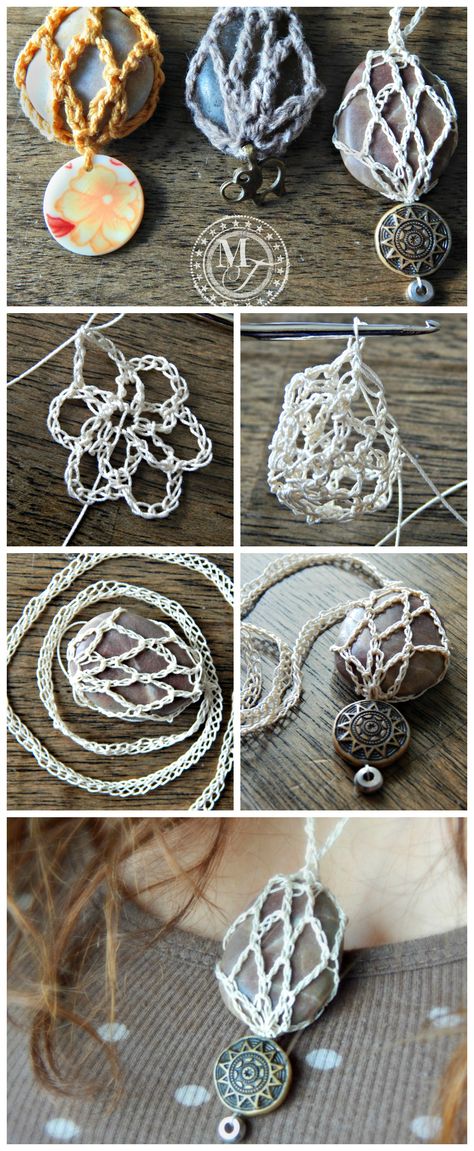 Crochet Stone, Hantverk Diy, Crocheted Jewelry, Knitted Necklace, Crochet Jewelry Patterns, Braided Necklace, Necklace Patterns, Diy Schmuck, Crochet Art