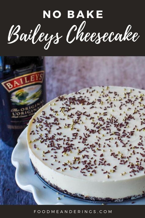 Whole No bake Baileys cheesecake on a white cake platter with a bottle of baileys in the background No Bake Baileys Cheesecake, Irish Cream Recipe, Baileys Cheesecake, Zucchini Recipes Baked, Turnover Recipes, Sweet Dips, Mini Cheesecakes, Chocolate Treats, Banana Pudding