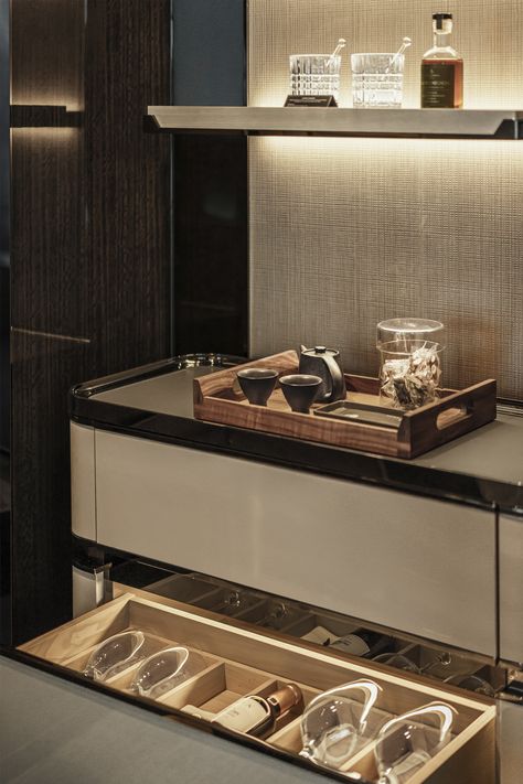 Hotel mini-bar with tea service, whisky glasses, drawer opened with wine glasses Display Bar Design, Hotel Room Bar Cabinet, Mini Bar In Bedroom, Bedroom Minibar, Hotel Minibar, Suite Room Hotel, Bar Cabinet Design, Coffee Cabinet, My Bar