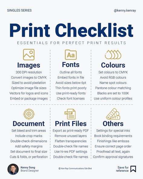 It can be costly to send print files to your printer with errors. We have learned these mistakes over the years, so it’s essential to have a checklist to ensure your files are in order. This infographic is the perfect checklist to avoid these common mistakes. Follow @kenny.kenray for more tips in branding and design. #graphicdesigners #designinspiration #designstrategy #designbusiness #brandingdesign #graphicdesignstudent #graphicdesigntips #designtips #graphicdesigning #designprinciples ... Logo Design Checklist, Graphic Design Checklist, Marketing Learning, Fun Graphic Design, Graphic Design Content, Work Ethics, Types Of Graphic Design, Marketing Career, Design For Beginners