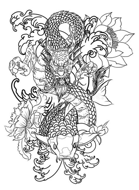 Hand drawn Dragon and koi fish with flower tattoo for Arm, Japanese carp line drawing coloring book vector image. Dragon and koi f stock illustration Flower Tattoo For Arm, East Asian Dragon, Dragon Koi Tattoo Design, Drawn Dragon, Dragon Koi Fish, Koi Dragon, Flower Tattoo On Side, Koi Tattoo Design, Book Vector