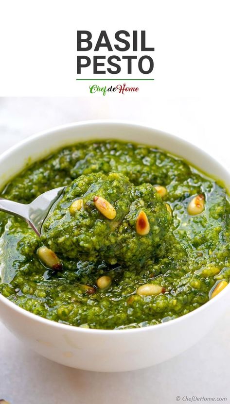 Basil Pesto Recipe | ChefDeHome.com Classic Pesto Recipe, Fresh Basil Recipes, Homemade Basil Pesto, Basil Pesto Recipe, Pesto Recipes, Basil Pesto Recipes, Pistachio Pesto, Whole Roasted Cauliflower, Cold Pasta Salad