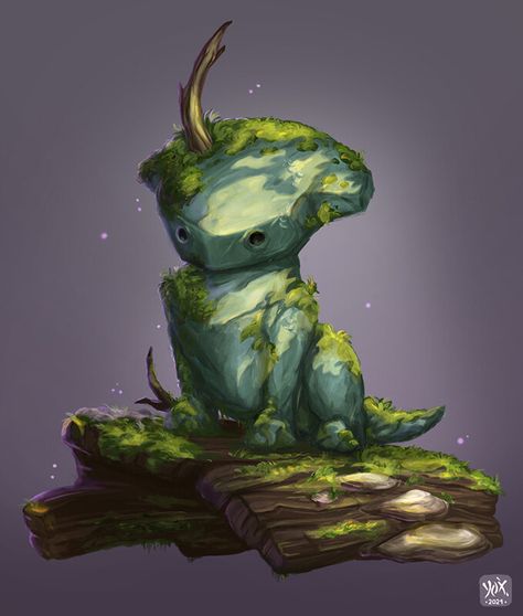 Fey Animals, Dnd Forest Spirit, Stone God Fantasy Art, Stone Creature, Moss Creature, Fantasy Rock Creature, Rock Creature, Forest Protector, Crystal Monster