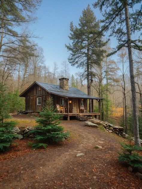 My Rustic Cabin Small Rustic Cabin Exterior, Old Cabin Aesthetic, Grandpas Cabin, Writing Cabin, Cabin Core Aesthetic, Small Wood Cabin, Rustic Cabin Exterior, Whimsical Cabin, Small Rustic Cabin