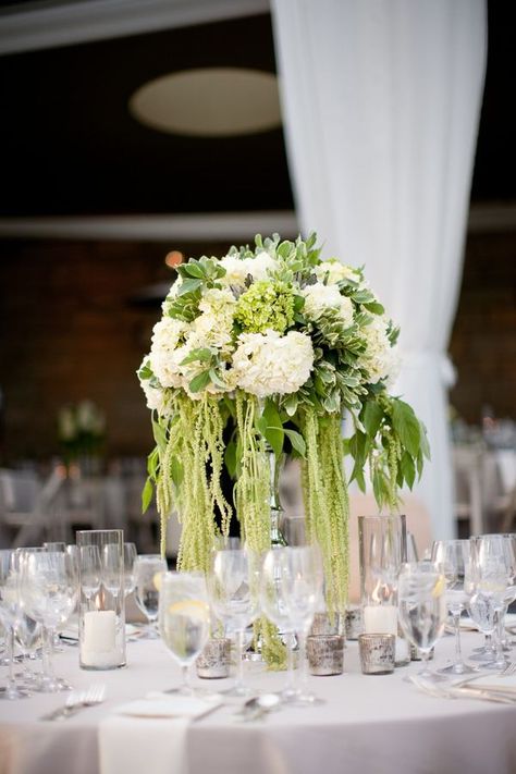 Crispy and 'drapey.' Green Reception, White Bouquets, Green Wedding Flowers, Flower Centerpiece, Centerpiece Wedding, Reception Centerpieces, Tall Centerpieces, Santa Barbara Wedding, Flower Centerpieces Wedding