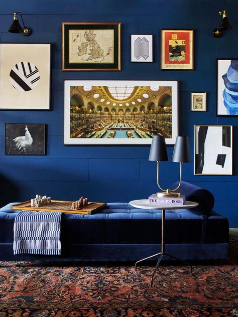 Dark blue library walls with gallery wall and velvet daybed on Thou Swell @thouswellblog Frame Tv Gallery Wall, Barn Makeover, Light Blue Paint Colors, Best Blue Paint Colors, Light Blue Paints, Blue Green Paints, Samsung The Frame, Louise Roe, Blue Paint Colors