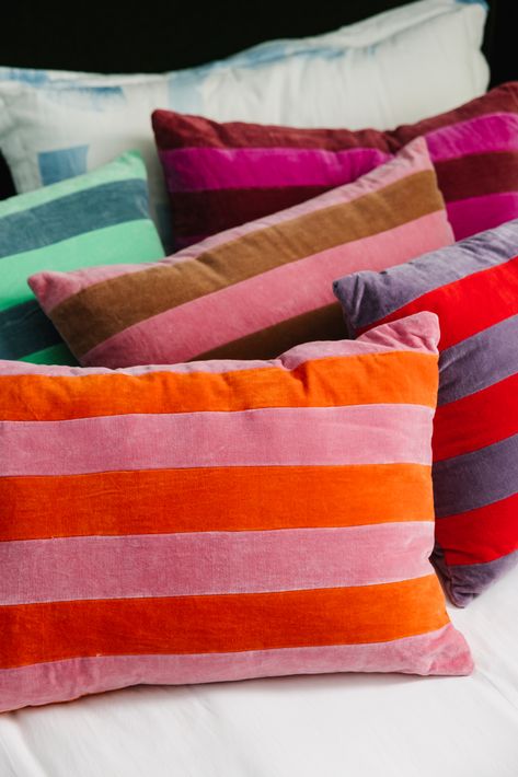 Bold and bright striped velvet pillows add a luxe layer to your fall bedroom 🍂 Color Block Pillow, Quilt Pillows, Velvet Lumbar Pillow, Furbish Studio, Downtown Apartment, Lumbar Throw Pillows, Room Deco, Needlepoint Pillows, Big Dreams