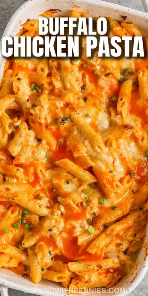 This cheesy buffalo ranch pasta bake is so delish. Pasta and chicken are cooked in a tangy white sauce made with cream cheese and sour cream. Buffalo sauce is added for a spicy kick and then it is topped with two kinds of cheese and baked to cheesy perfection. This buffalo chicken pasta bake is so easy and so tasty!  #buffaloranchpastabake #buffalochickenpasta #buffalochickenpastabake #spendwithpennies Buffalo Chicken Pasta Bowtie, One Pan Chicken Pasta Bake, Buffalo Chicken Alfredo Bake, Buffalo Chicken Pasta Casserole, Buffalo Chicken Ravioli, Dump And Bake Buffalo Chicken Pasta, Buffalo Chicken Dip Pasta, Buffalo Chicken Pasta Recipes, Buffalo Ranch Pasta