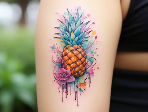 Pineapple Tattoos, Pineapple Tattoo, Tattoo For Boyfriend, Floral Thigh Tattoos, Pineapple Flowers, Watercolor Pineapple, Tattoos For Lovers, Meaningful Tattoo, Fun Summer Activities