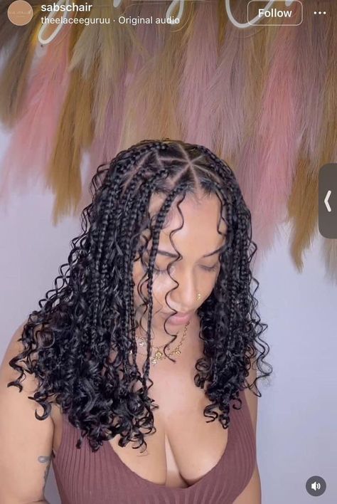 Simple Fulani Braids With Curls, Braids With Curly Leave Out, Vegas Hairstyles For Black Women, Goddess Cornrow Braids With Curls, Curly Braid Bob, Bob Curly Braids, Short Braiding Hairstyles, Short Knotless Boho Braids, Short Boho Passion Twists