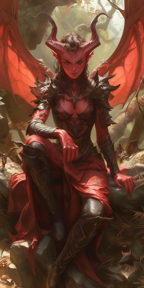 Tiefling Wings, Cambion Art Dnd, Dnd Devil Art, Rose Character Design, Red Tiefling Female, Demon Woman Art, Dnd Devil, Winged Tiefling, Female Demon Art