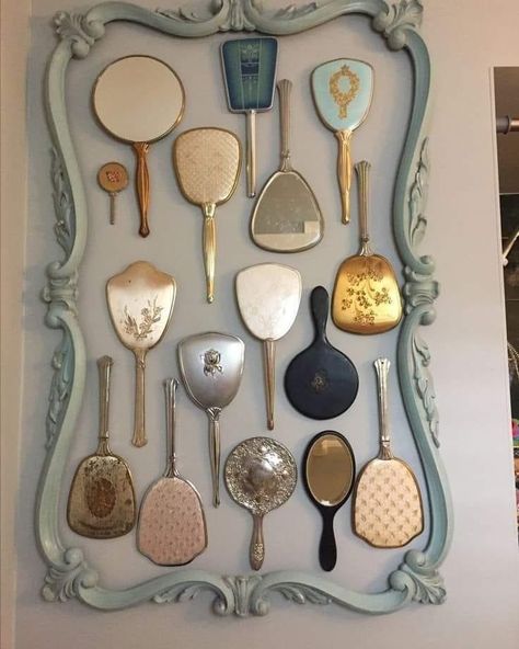 Vintage Clothing Display, Mirror Wall Collage, Hand Mirrors, Mirror Gallery, Mirror Gallery Wall, Salon Suites, Vintage Mirror Wall, Picture Frame Decor, Casa Vintage