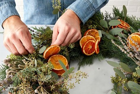 add-dried-oranges-wreath-bf72cc2f Dried Orange Wreath, Brunia Berries, Christmas Wreath Supplies, Make A Christmas Wreath, Williamsburg Christmas, Christmas Wreath Ideas, Fruit Wreath, Winter Wreath Diy, Diy Christmas Wreath