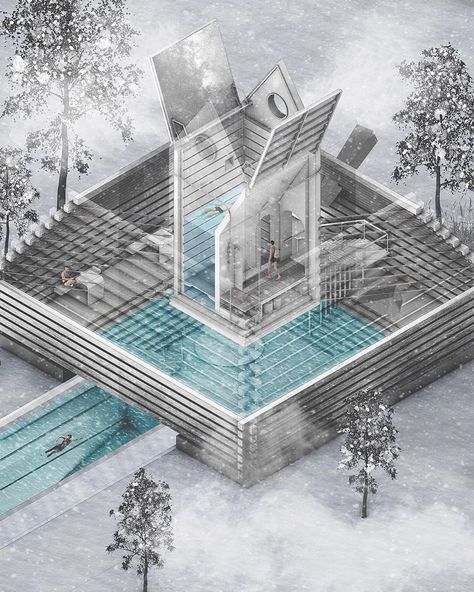 Students-Drawings-Models-Crits on Instagram: “@bartlettkiosk repost • @bartlett_unit16  Albert Leung, Y4 ‘Temporal Bathhouse, Kiruna, Sweden’. Temporal Bathhouse, located in the Mining…” Bathhouse Architecture, Bathhouse Ideas, Kiruna Sweden, Northern Sweden, Bartlett School, Bartlett School Of Architecture, Section Drawing, Mining Town, School Of Architecture