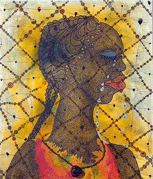 Chris Ofili, No Woman, No Cry, 1998  Acrylic paint, oil paint, polyester resin, paper collage, map pins, elephant dung on canvas; 243.8 x 182.8 x 5.1cm  Tate. Purchased 1999  © Victoria Miro Gallery, London  Photo: Tate Photography No Woman No Cry, Chris Ofili, Tate Britain, Tate Gallery, Inspiring Women, Wow Art, Art Uk, A4 Poster, Black Artists