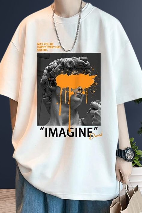 white shirt with a Greek sculpture print whose eyes is covered with yellow paint , the word "IMAGINE" is printed below the image Men Graphic Tees Street Style, T Shirt Print Ideas, Trendy T Shirt Designs, White Shirt Design, Men Graphic Tees, Graphic Tees Men, Street Apparel, Streetwear Tshirt Design, Streetwear Tees