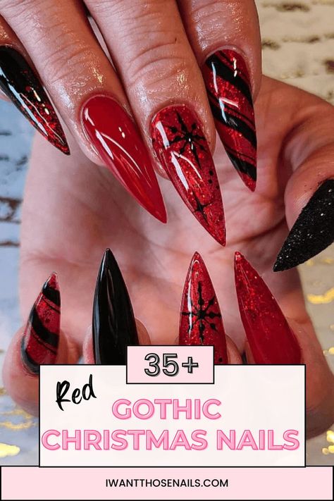 Step up your holiday nail game this year with these gothic-inspired red Christmas nail designs. From vampy shades to intricate black accents, these edgy looks will make a bold statement at any holiday gathering. Get inspired and try these unique designs to add some dark magic to your nails this season! Red Black Christmas Nails, Black Red Christmas Nails, Gothic Xmas Nails, Red Nails Black Design, Black And Red Holiday Nails, Christmas Nails Red And Black, Christmas Nail Design Ideas, Unique Christmas Nail Designs, Black Nail Art Gothic