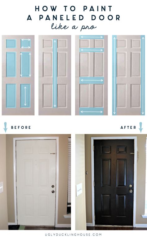 How to paint a paneled door like a pro: this simple technique is all you need to reduce paint streaks and get a high-impact finish — makes it so easy! via @uglyducklingDIY Painted Interior Doors, Black Interior Doors, Door Paint, Front Door Paint Colors, Door Paint Colors, Painted Front Doors, Sopot, Diy Home Repair, Door Makeover