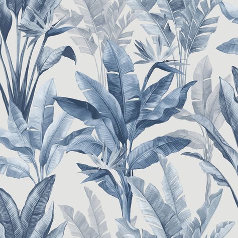 Paradise Wallpaper, Paradise Flowers, Banana Palm, Palm Tree Leaves, Feature Wallpaper, Navy Wallpaper, Wallpaper Shop, Contemporary Wallpaper, Tropical Style