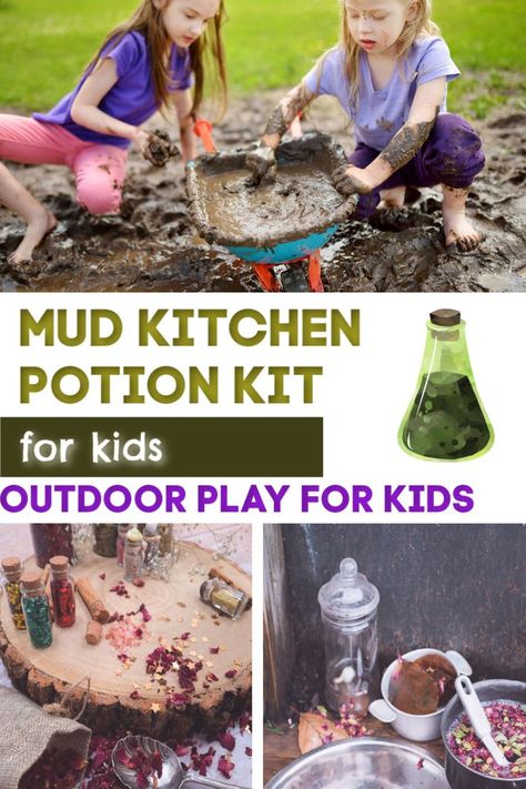 Mud Kitchen Potion Kit for Kids. Mud Science Kits for mud kitchens! Ideas for mud recipes, mud kitchen play ideas for outdoor play for preschoolers. Forest School activities for kids #forestschool #mudkitchen #messyplay #naturecrafts Mud Play Ideas, Mud Kitchen Accessories, Eyfs Outdoor, Mud Play, Play Ideas For Kids, Mud Kitchen For Kids, Mud Kitchens, Forest School Activities, Kids Mud