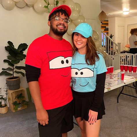 Cute Easy Couples Costumes, Couple Costumes Disney Princess, Sally And Mcqueen Costume Couple, Lighting Mcqueen And Sally Costume, Cars Couple Halloween Costumes, Lightning Mcqueen And Mater Costume Couple, Lighting Mcqueen And Sally Costumes, Lighting Mcqueen Costumes, Lightning And Sally Costume