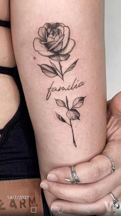 Dark Floral Tattoo, Word Tattoo Placements, Golden Tattoo, Rose Tattoo Stencil, Mama Tattoo, Rose Tattoos For Women, Hand Tattoos For Girls, Tattoos With Kids Names, Floral Tattoos