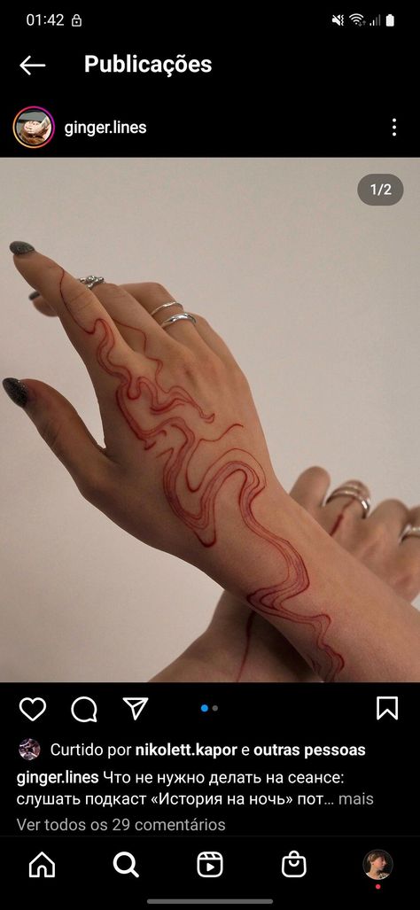 Red Celestial Tattoo, Wiggly Line Tattoo, Red Wavy Lines Tattoo, Ginger Tattoo Ideas, Free Form Tattoo, Red Swirl Tattoo, Squiggle Line Tattoo, Brown Hand Tattoo, Red Jellyfish Tattoo