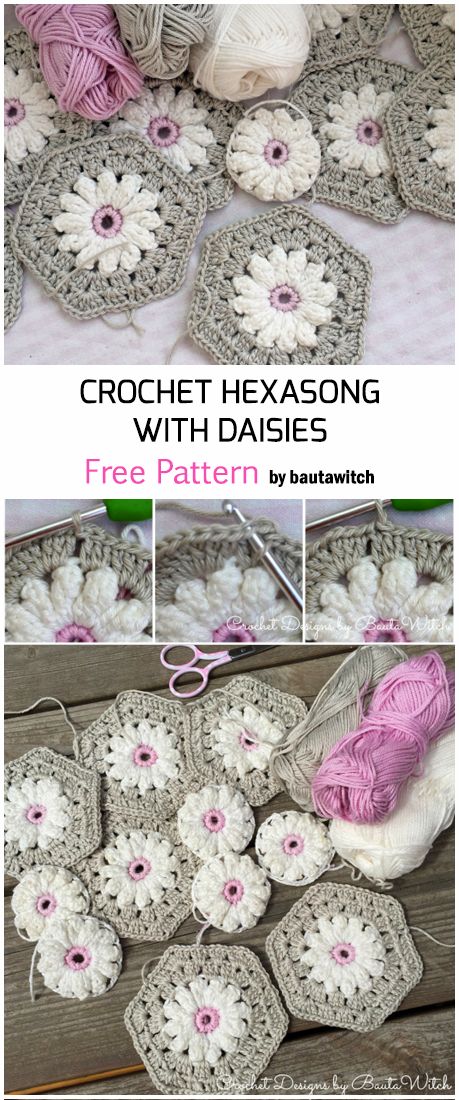 Crochet Hexagons With Daisies - Free Pattern Crochet Hexagons, Crochet Hexagon Blanket, Hexagon Crochet Pattern, Tote Bag Diy, Crochet Motif Patterns, Crochet Hexagon, Crochet Daisy, Adorable Crochet, Bag Diy