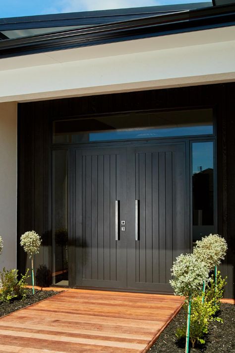 Entrance Design for Home | Lobby Design Ideas for Home Double Front Entry Doors Modern Black, Luxurious Front Doors, Modern Contemporary Door Design, Front Double Door Ideas Modern, Double Entry Doors Modern, Matt Black Front Door, House Doors Front Entrance Classic, Contemporary Double Front Doors, Double Front Doors Modern