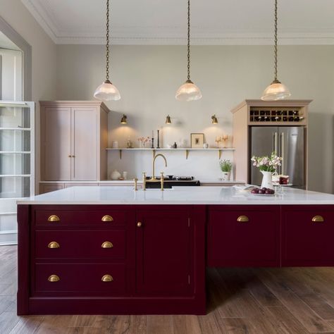 Kitchen Trends 2022: The New Design Looks You Need To Know About — MELANIE LISSACK INTERIORS Burgundy Kitchen, Kitchen Opening, Red Kitchen Island, Top Kitchen Trends, Kitchen Cupboards Paint, Colourful Kitchen, Off White Kitchens, Wine Kitchen, London Kitchen