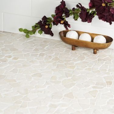 Natural Stone Tiles & Mosaics for Backsplash, Floor & Walls Stone Shower Floor, Pebble Mosaic Tile, White Mosaic Tile, Pebble Floor, Wall Mosaic, Stone Shower, Pebble Tile, Outdoor Designs, White Pebbles