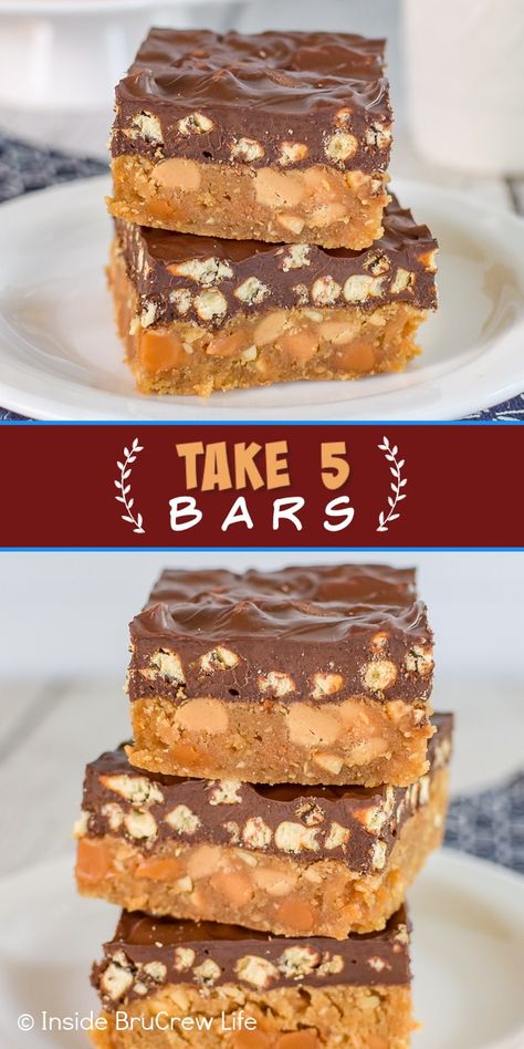 Take 5 Candy Bar Cookies, Take 5 Bars Recipes, Copycat Take 5 Bars, Pretzel Peanut Butter Bars, Take 5 Brownies, Homemade Take 5 Bars, Take 5 Candy Bar Recipe, Recipes With Caramel Bits, Recipes Using Caramel Bits