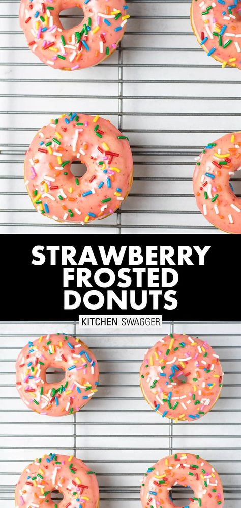 Strawberry Frosted Donut Recipe, Crockpot Recipes Meatballs, Homemade Strawberry Frosting, Strawberry Donuts Recipe, Donut Frosting, Strawberry Glaze Recipe, Kitchen Swagger, Donut Icing, Strawberry Doughnut