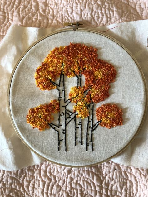 Embroider Fall birch trees using backstitch and a French knot Fall Birch Trees, Embroidery French Knot, Stitching Diy, Knot Embroidery, Fall Embroidery Designs, French Knot Stitch, French Knot Embroidery, New Embroidery Designs, Tree Embroidery