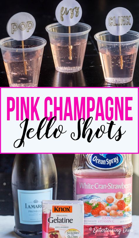 Love this pink champagne jello shots recipe. It's made in cups so it's easy to served and make. #entertainingdiva #newyearseve #champagne #partyideas #jelloshots #diypartyideas Jello Shots Bachelorette Party, Champagne Jello Shots Easy, Jello Shots Pink Whitney, Silver Jello Shots, Champaign Jello Shots Recipe, Pink Champagne Jello Shots, Shots For Bachelorette Party, Prosecco Jello Shots, New Years Disco Party Ideas