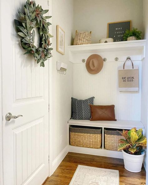 30 Small Mudroom Ideas To Help Tidy Up Your Home Mudroom Wall Ideas, Entryway Apartment, Small Mudroom, Small Mudroom Ideas, White Accent Pillow, White Wainscoting, Ceiling Trim, Mudroom Ideas, White Shiplap Wall