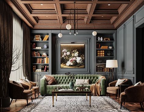 British Lounge Room, Traditional Library Room Ideas, Long Living Room Dining Room Layout, Bourbon Lounge, Old Fashion House, Lofted Living Room, Family Rooms, Modern Regency Interior, Modern Cottage Living Room