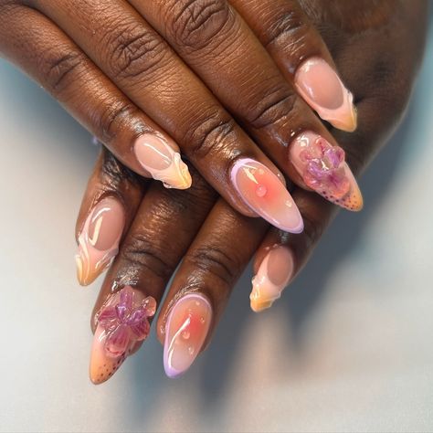 Wet look aura nails >>>> Medium length aura, 3d gel, orchid/3d flower sunset nails 🩷 3d Gel Nails, Orchid Nails, Seashell Nails, Sunset Nails, Nails Medium Length, 3d Nail Designs, Aura Nails, 3d Nail Art Designs, Soft Glam Makeup