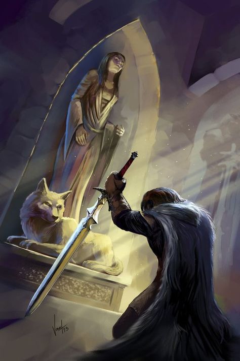 Ned Stark at the Winterfell crypts, kneeling down before the statue and grave of Lyanna Stark: Lyanna Stark, Eddard Stark, Bookish Art, Ned Stark, Valar Dohaeris, Asoiaf Art, Song Of Ice And Fire, Jaime Lannister, Gra O Tron