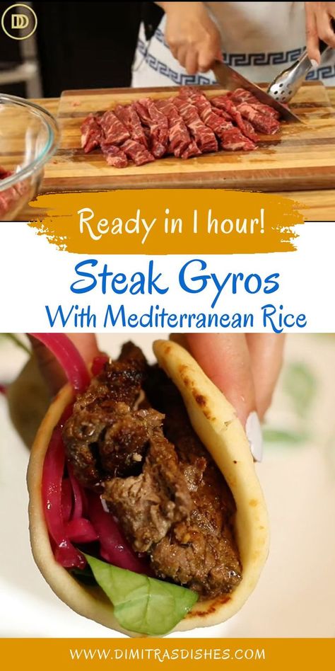 Easy 1-hour dinner recipe: Greek steak gyro with Mediterranean rice Gyro Meat Dinner Ideas, Steak Gyro Recipe, Gyro Meat Recipe Beef, Easy Gyro Recipe Beef, Steak Pita, Greek Food Gyros, Gyro Recipe Beef, Traditional Gyro Meat Recipe, Steak Gyros