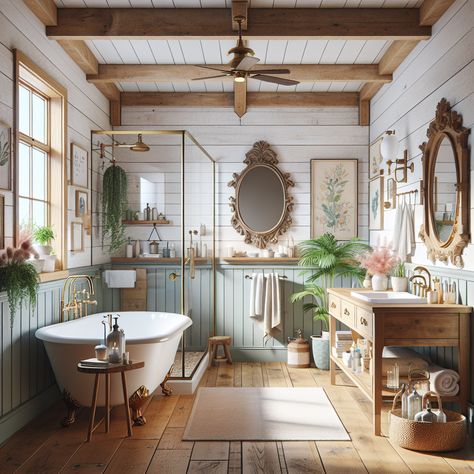 The bathroom should feature a clawfoot tub, wooden vanity, brass fixtures, and pastel color accents. An antique mirror, shiplap walls, and vintage artwork can add to the cottage charm. Modern elements can include a walk-in shower, floating shelves, and chic lighting. Natural light flooding in through a large window and houseplants for a touch of greenery might bring the outdoors inside. This image can serve as inspiration for a bathroom remodel. Bathroom With Antiques, Bohemian Master Bath, Vintage Cottage Bathroom Ideas, Cottage Core Bathroom Decor, Cozy Cottage Bathroom, Vintage Bathroom Aesthetic, Old Fashioned Bathroom, Cottage Core Bathroom, Cottage Bathroom Decor