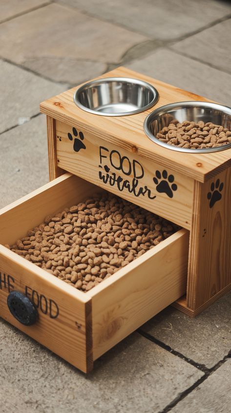 diy dog feeding station made of wood. bowl for food and water on top with food storage under. Diy Pet Feeder Station, Dog Food Station Ideas, Hide Dog Food, Diy Dog Food Storage, Dog Storage Ideas, Diy Dog Food Station, Dog Food Cabinet, Pet Feeder Diy, Dog Food Storage Ideas